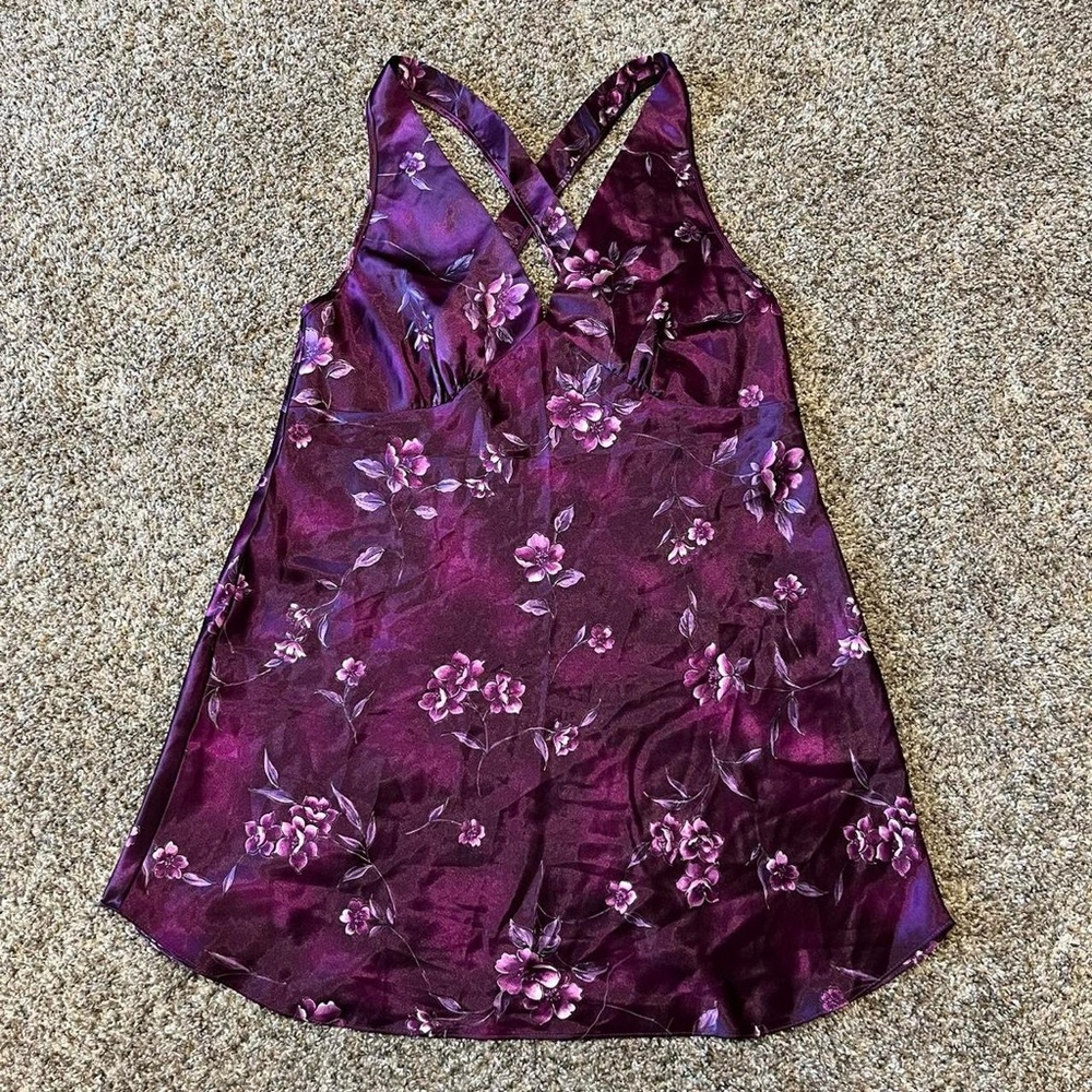 Inner Most purple floral print silky crossover back slip dress